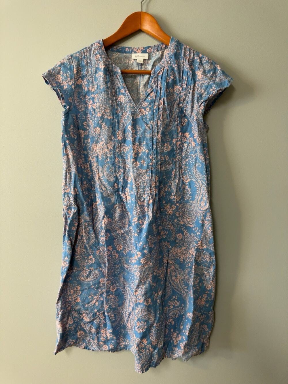 J Jill Love Linen Tunic Dress XS Petite Blue Pink Floral Paisley 100% Linen